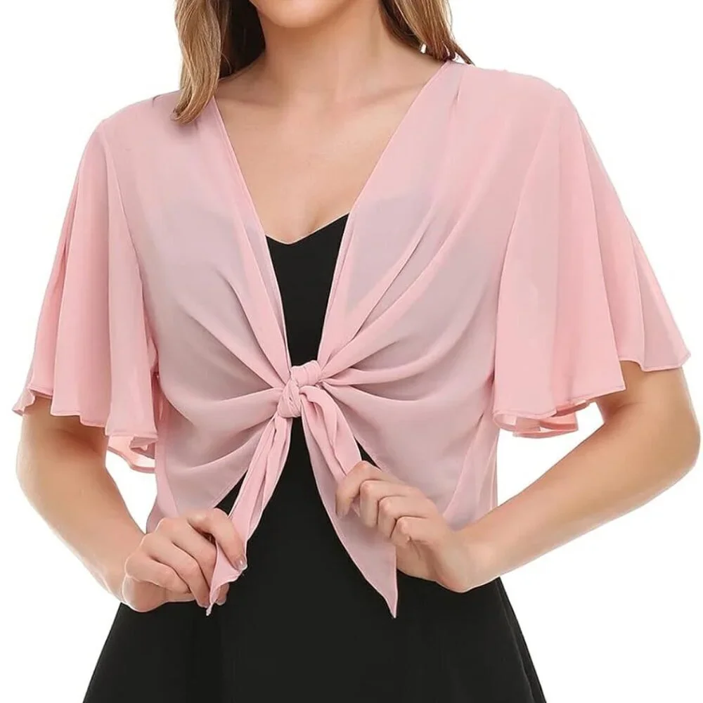 Women’s Chiffon Shrug Wraps Open Front Tie Top Casual Evening Dress Accessory
